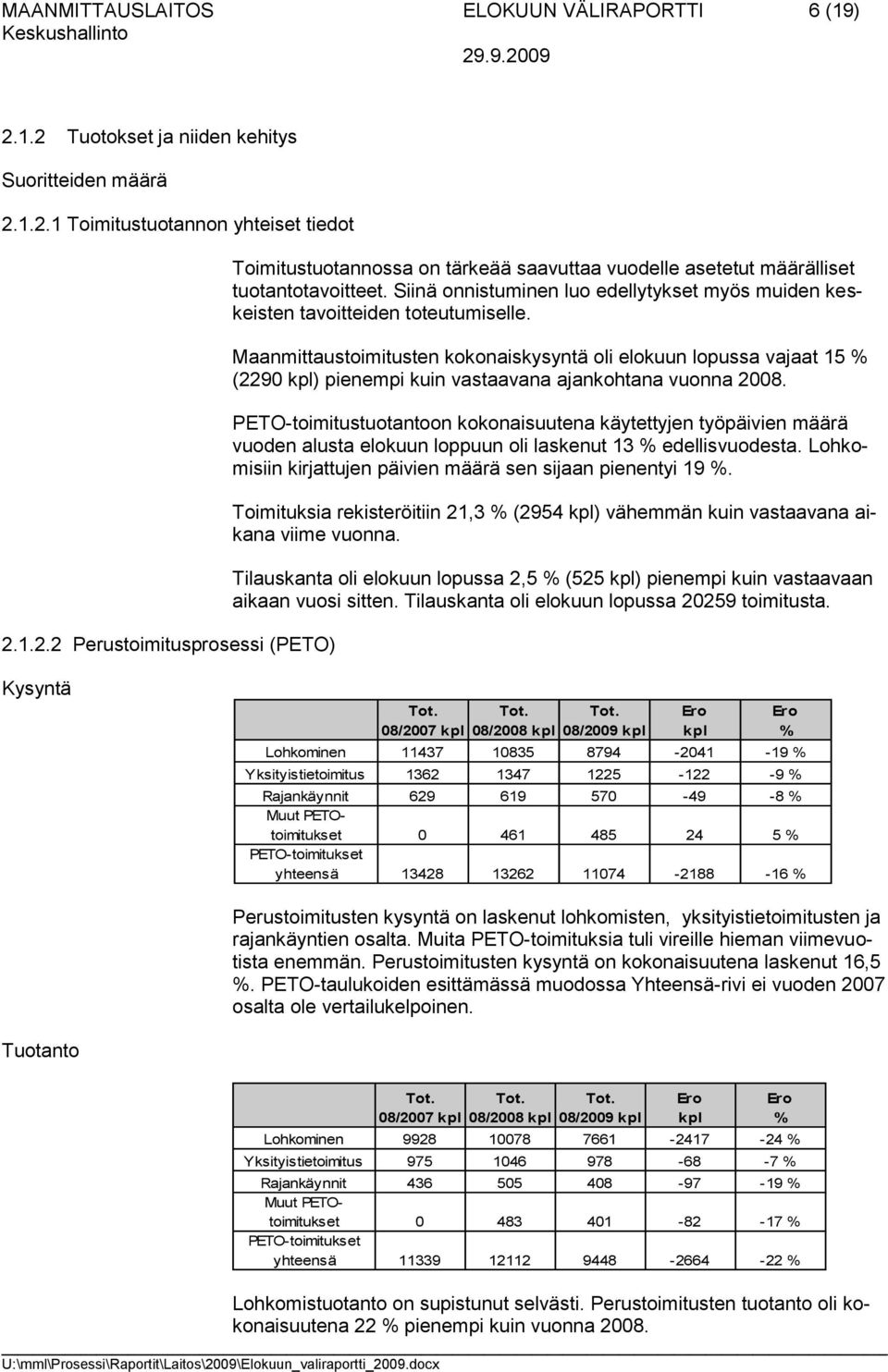 Maanmittaustoimitusten kokonaiskysyntä oli elokuun lopussa vajaat 15 % (2290 kpl) pienempi kuin vastaavana ajankohtana vuonna 2008.