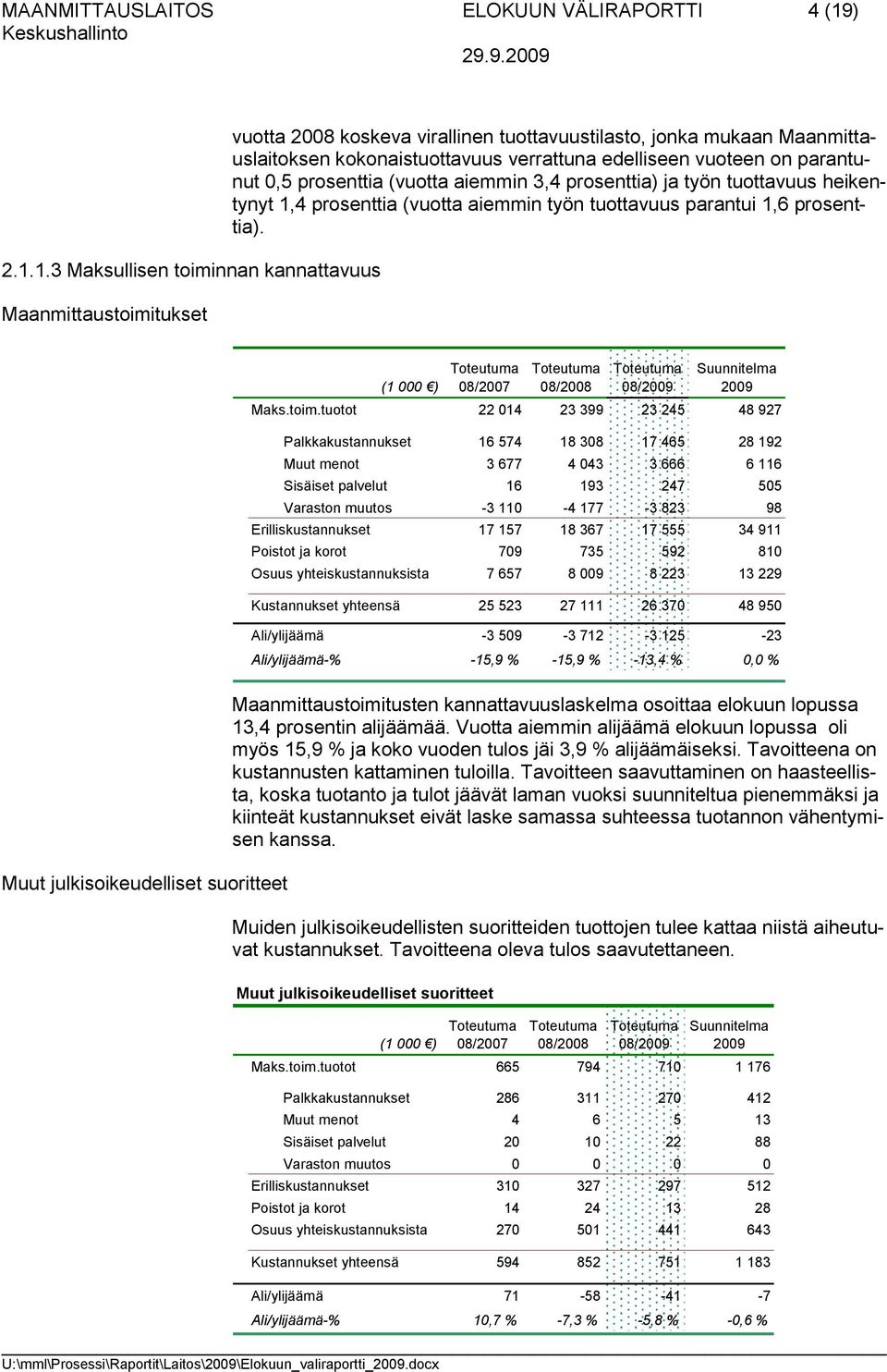 1.3 Maksullisen toiminnan kannattavuus Maanmittaustoimitukset vuotta 2008 koskeva virallinen tuottavuustilasto, jonka mukaan Maanmittauslaitoksen kokonaistuottavuus verrattuna edelliseen vuoteen on