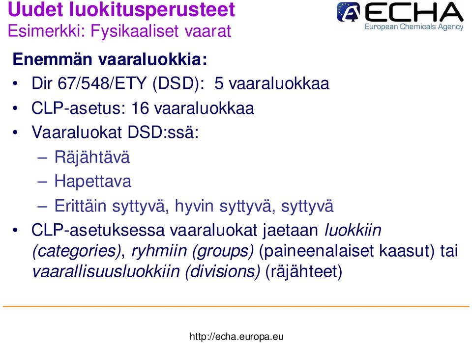 Erittäin syttyvä, hyvin syttyvä, syttyvä CLP-asetuksessa vaaraluokat jaetaan luokkiin