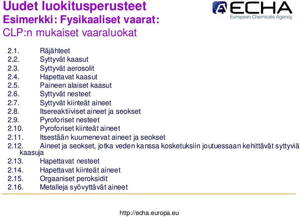 Pyroforiset nesteet 2.10. Pyroforiset kiinteät aineet 2.11. Itsestään kuumenevat aineet ja seokset 2.12.