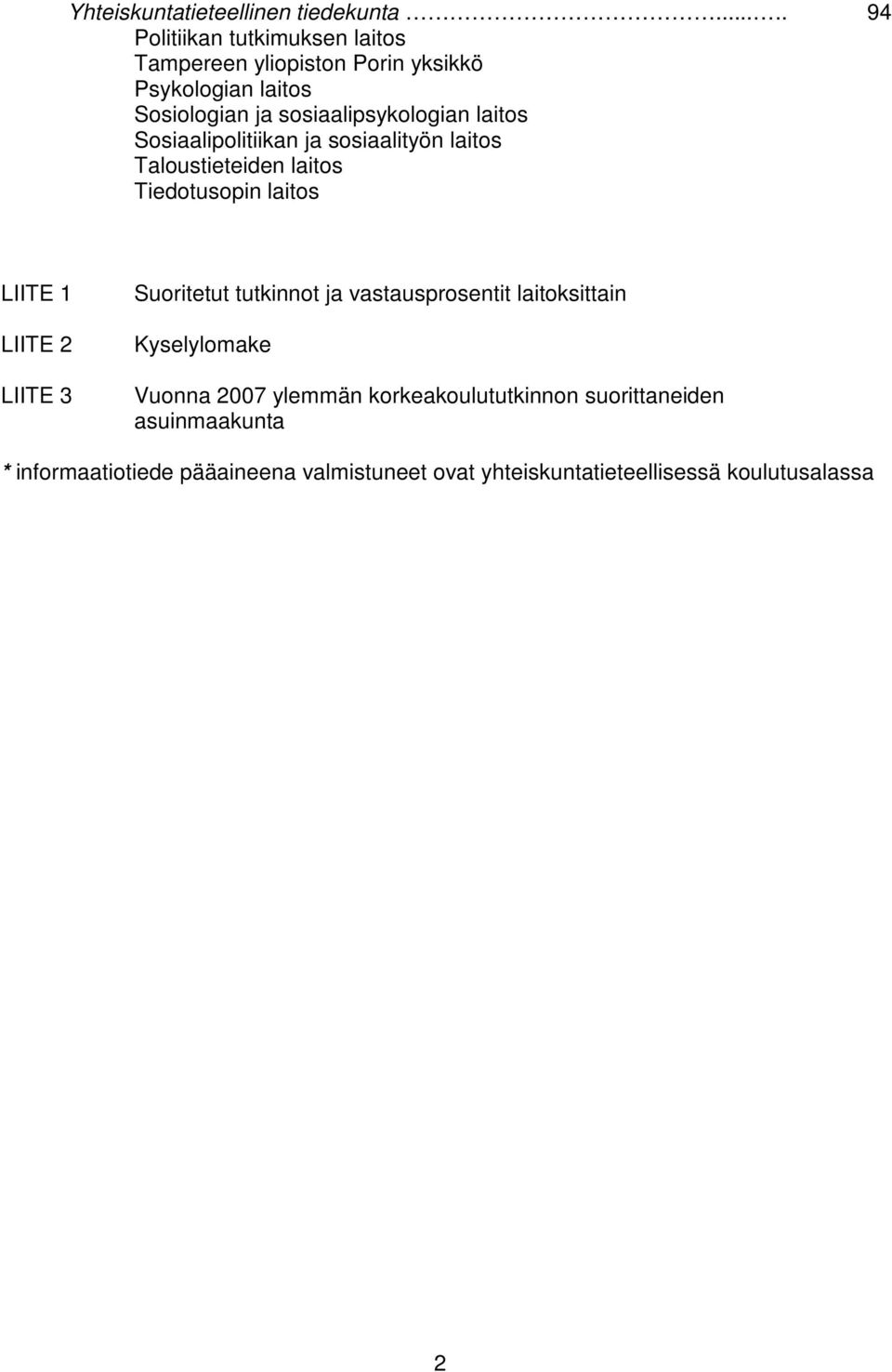 laitos Sosiaalipolitiikan ja sosiaalityön laitos Taloustieteiden laitos Tiedotusopin laitos LIITE 1 LIITE 2 LIITE 3 Suoritetut