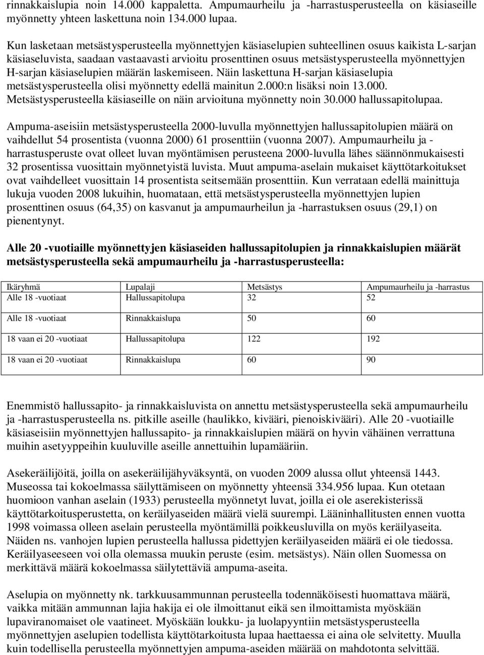 H-sarjan käsiaselupien määrän laskemiseen. Näin laskettuna H-sarjan käsiaselupia metsästysperusteella olisi myönnetty edellä mainitun 2.000: