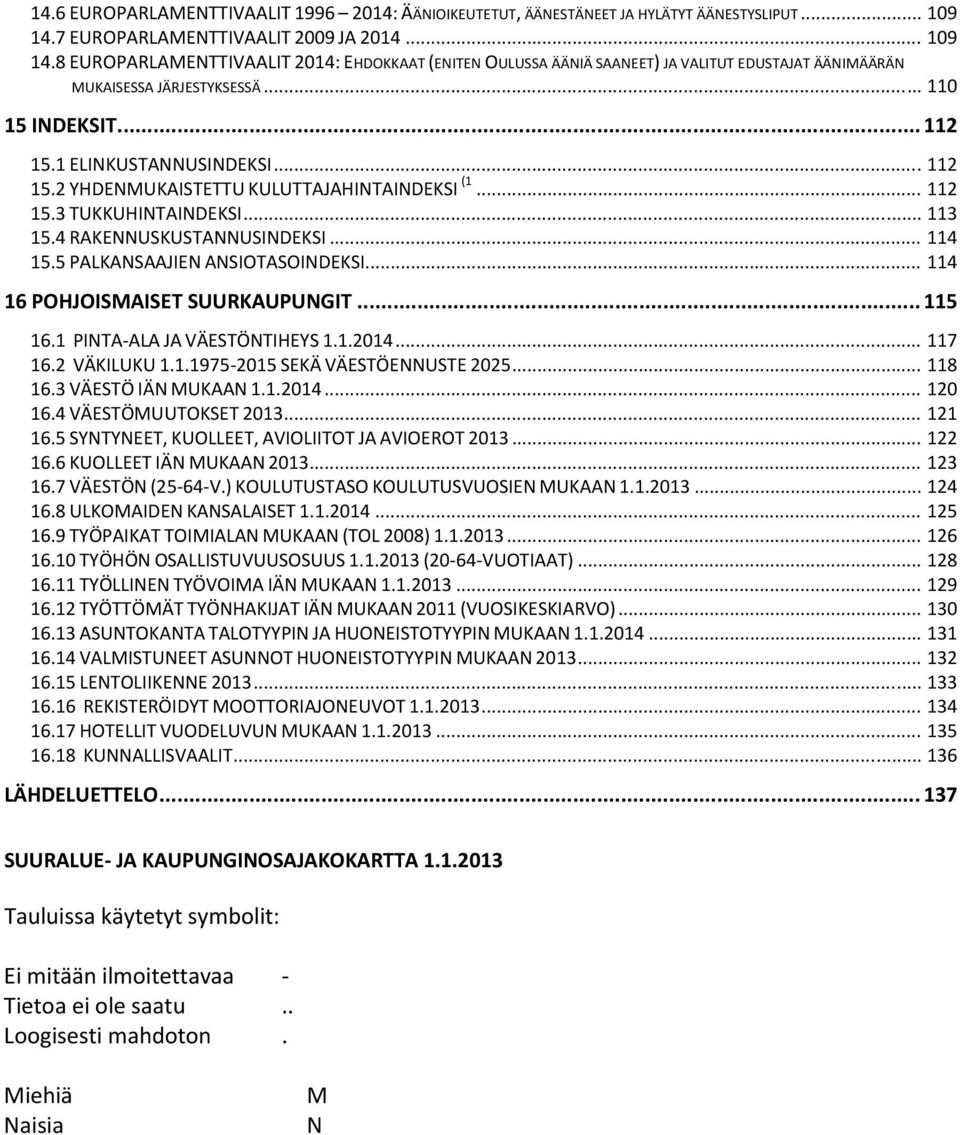 .. 112 15.1 ELINKUSTANNUSINDEKSI... 112 15.2 YHDENMUKAISTETTU KULUTTAJAHINTAINDEKSI (1... 112 15.3 TUKKUHINTAINDEKSI... 113 15.4 RAKENNUSKUSTANNUSINDEKSI... 114 15.5 PALKANSAAJIEN ANSIOTASOINDEKSI.