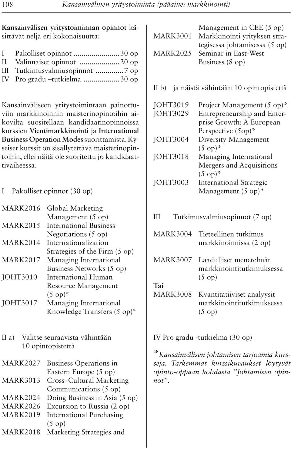 ..30 op Management in CEE (5 op) MARK3001 Markkinointi yrityksen strategisessa johtamisessa (5 op) MARK2025 Seminar in East-West Business (8 op) II b) ja näistä vähintään 10 opintopistettä