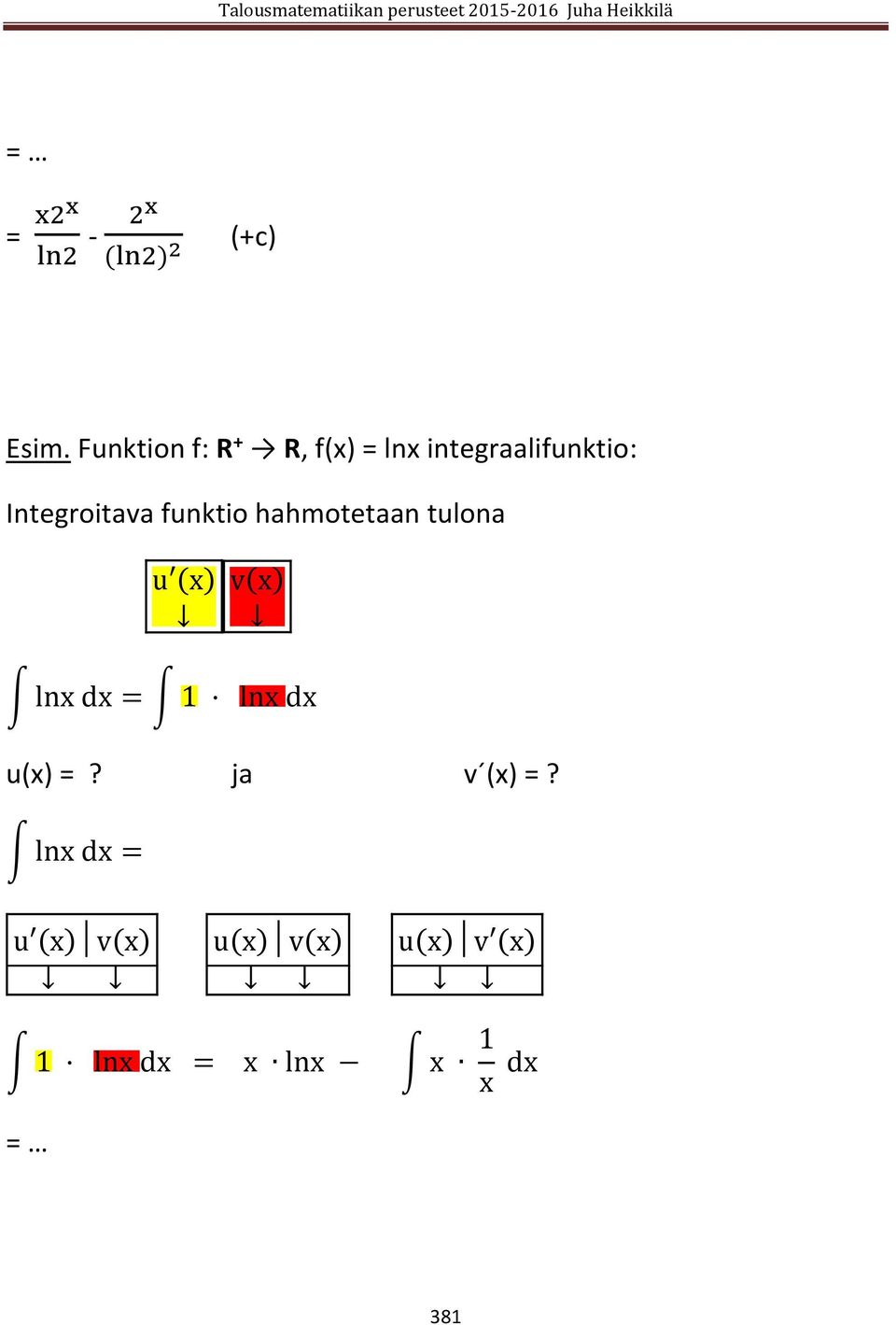 funktio hahmotetaan tulona u (x) v(x) lnx dx = 1 lnx dx u(x)