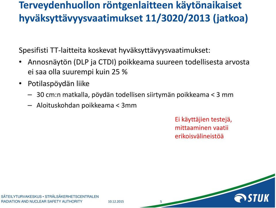 arvosta ei saa olla suurempi kuin 25 % Potilaspöydän liike 30 cm:n matkalla, pöydän todellisen siirtymän