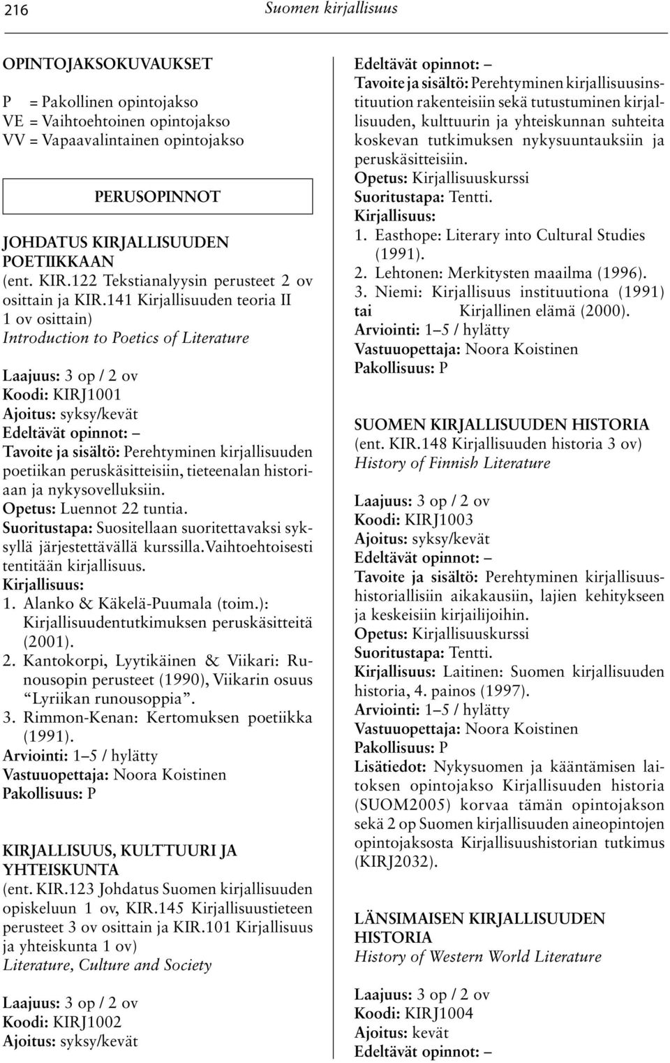 141 Kirjallisuuden teoria II 1 ov Introduction to Poetics of Literature Koodi: KIRJ1001 Tavoite ja sisältö: Perehtyminen kirjallisuuden poetiikan peruskäsitteisiin, tieteenalan historiaan ja