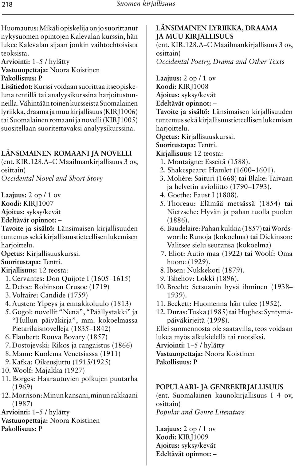 Vähintään toinen kursseista Suomalainen lyriikka, draama ja muu kirjallisuus (KIRJ1006) tai Suomalainen romaani ja novelli (KIRJ1005) suositellaan suoritettavaksi analyysi kurssina.