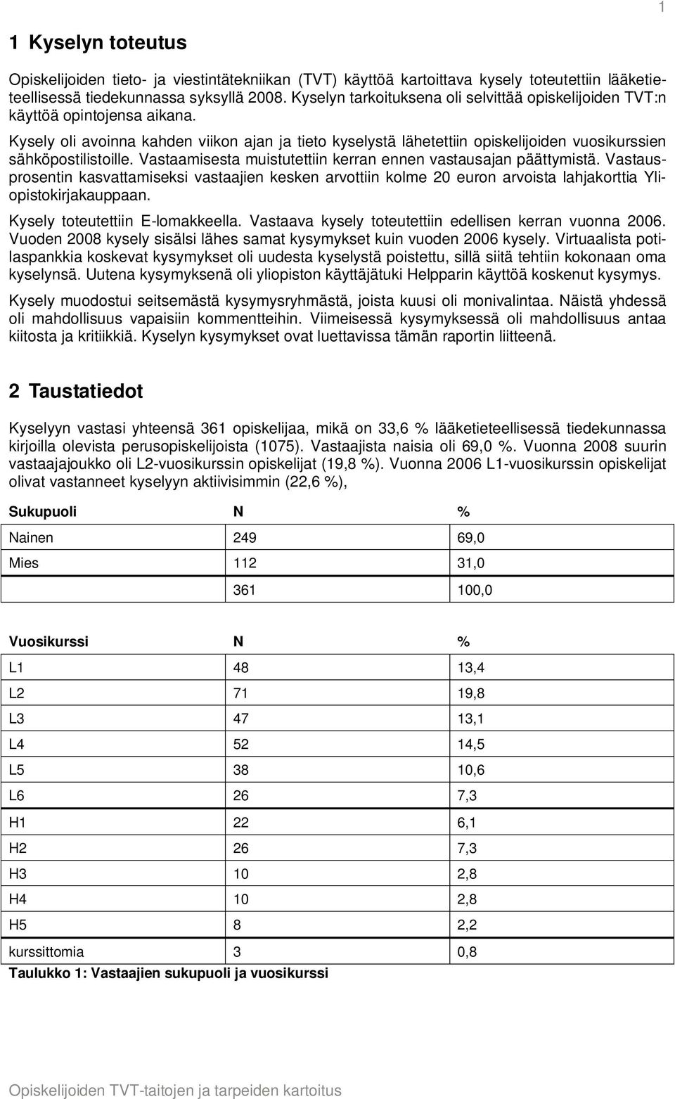 Kysely oli avoinna kahden viikon ajan ja tieto kyselystä lähetettiin opiskelijoiden vuosikurssien sähköpostilistoille. Vastaamisesta muistutettiin kerran ennen vastausajan päättymistä.