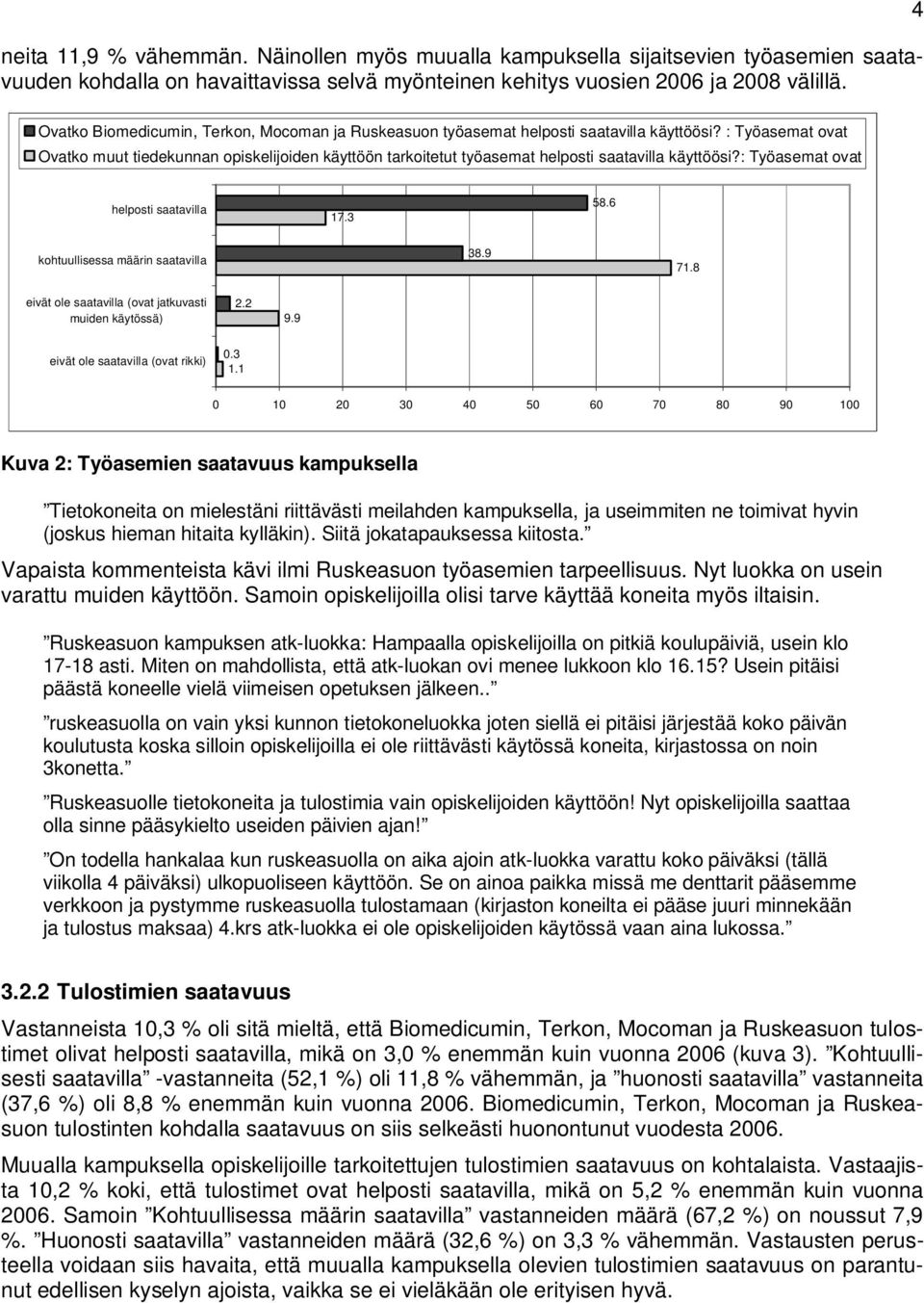 : Työasemat ovat Ovatko muut tiedekunnan opiskelijoiden käyttöön tarkoitetut työasemat helposti saatavilla käyttöösi?: Työasemat ovat helposti saatavilla 17.3 58.6 kohtuullisessa määrin saatavilla 38.