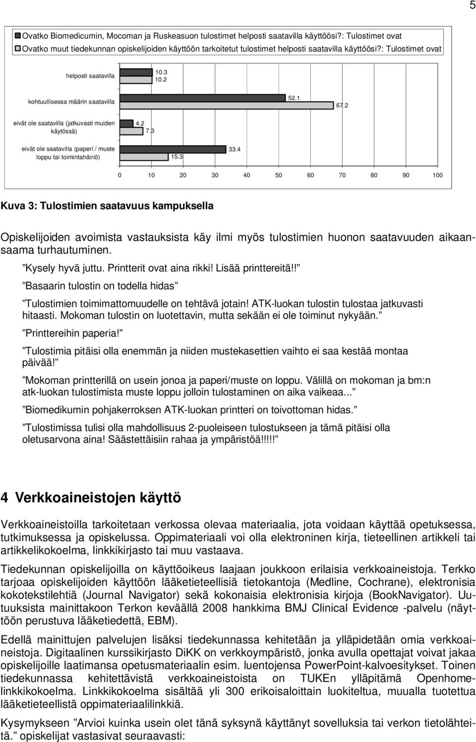 2 kohtuullisessa määrin saatavilla 52.1 67.2 eivät ole saatavilla (jatkuvasti muiden käytössä) 4.2 7.3 eivät ole saatavilla (paperi / muste loppu tai toimintahäiriö) 15.3 33.