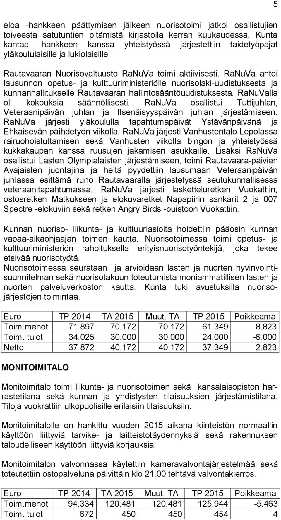 RaNuVa antoi lausunnon opetus- ja kulttuuriministeriölle nuorisolaki-uudistuksesta ja kunnanhallitukselle Rautavaaran hallintosääntöuudistuksesta. RaNuValla oli kokouksia säännöllisesti.