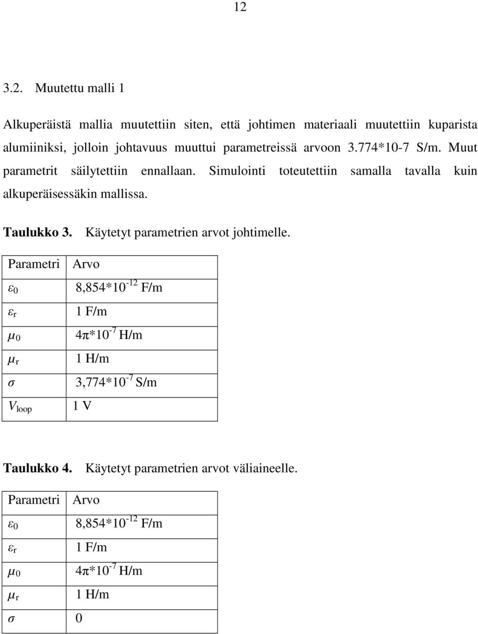 Simulointi toteutettiin samalla tavalla kuin alkuperäisessäkin mallissa. Taulukko 3. Käytetyt parametrien arvot johtimelle.