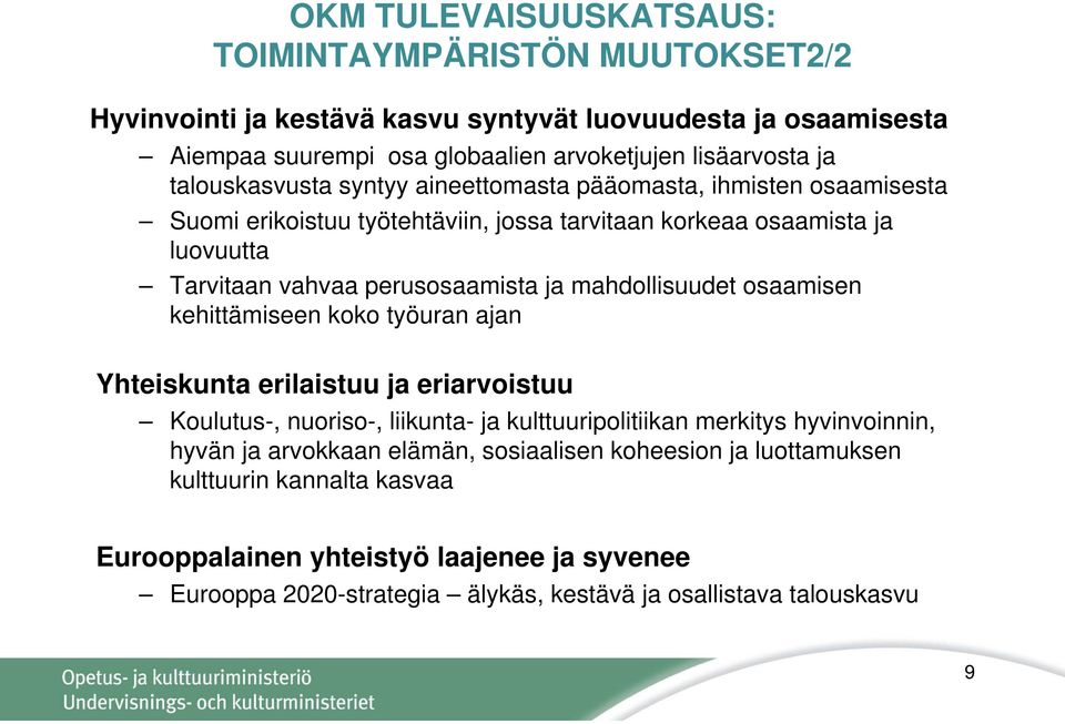 mahdollisuudet osaamisen kehittämiseen koko työuran ajan Yhteiskunta erilaistuu ja eriarvoistuu Koulutus-, nuoriso-, liikunta- ja kulttuuripolitiikan merkitys hyvinvoinnin, hyvän ja