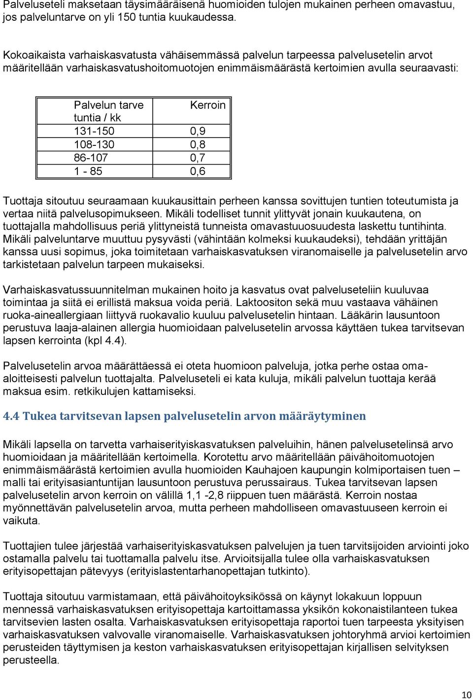 tuntia / kk 131-150 0,9 108-130 0,8 86-107 0,7 1-85 0,6 Tuottaja sitoutuu seuraamaan kuukausittain perheen kanssa sovittujen tuntien toteutumista ja vertaa niitä palvelusopimukseen.