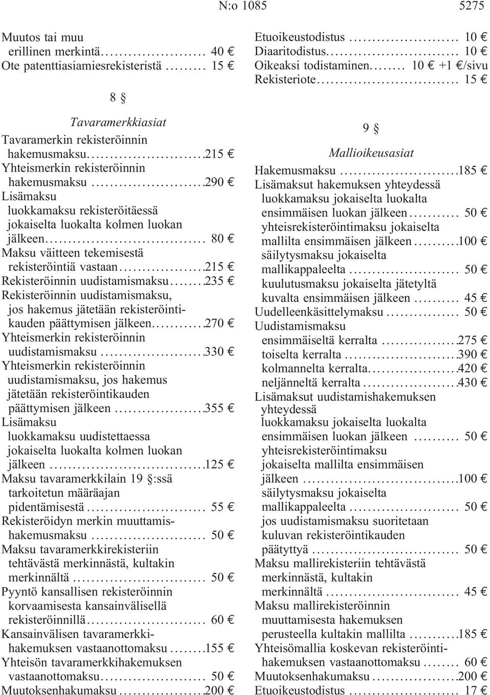 ..235 Rekisteröinnin uudistamismaksu, jos hakemus jätetään rekisteröintikauden päättymisen jälkeen...270 Yhteismerkin rekisteröinnin uudistamismaksu.