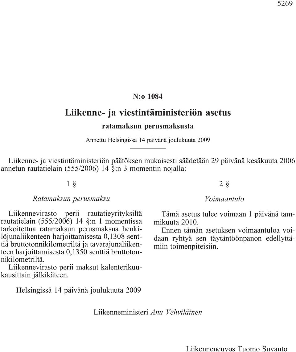 tarkoitettua ratamaksun perusmaksua henkilöjunaliikenteen harjoittamisesta 0,1308 senttiä bruttotonnikilometriltä ja tavarajunaliikenteen harjoittamisesta 0,1350 senttiä bruttotonnikilometriltä.