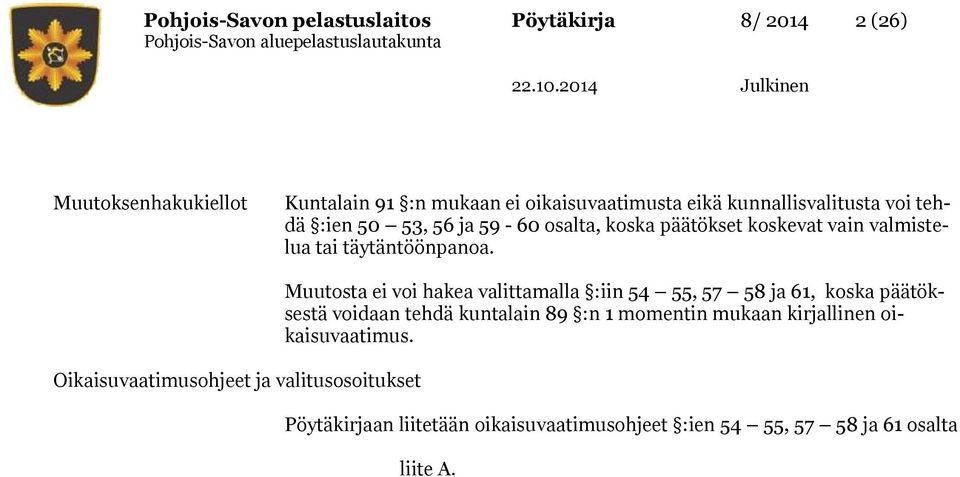 Oikaisuvaatimusohjeet ja valitusosoitukset Muutosta ei voi hakea valittamalla :iin 54 55, 57 58 ja 61, koska päätöksestä voidaan tehdä