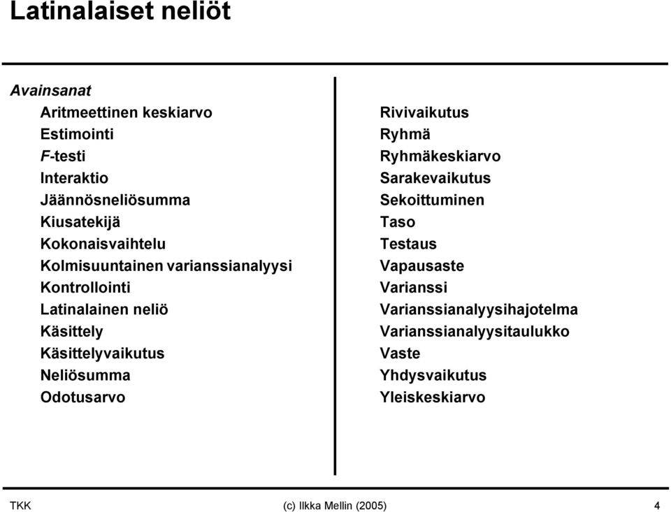 Neliösumma Odotusarvo Rivivaikutus Ryhmä Ryhmäkeskiarvo Sarakevaikutus Sekoittuminen Taso Testaus Vapausaste