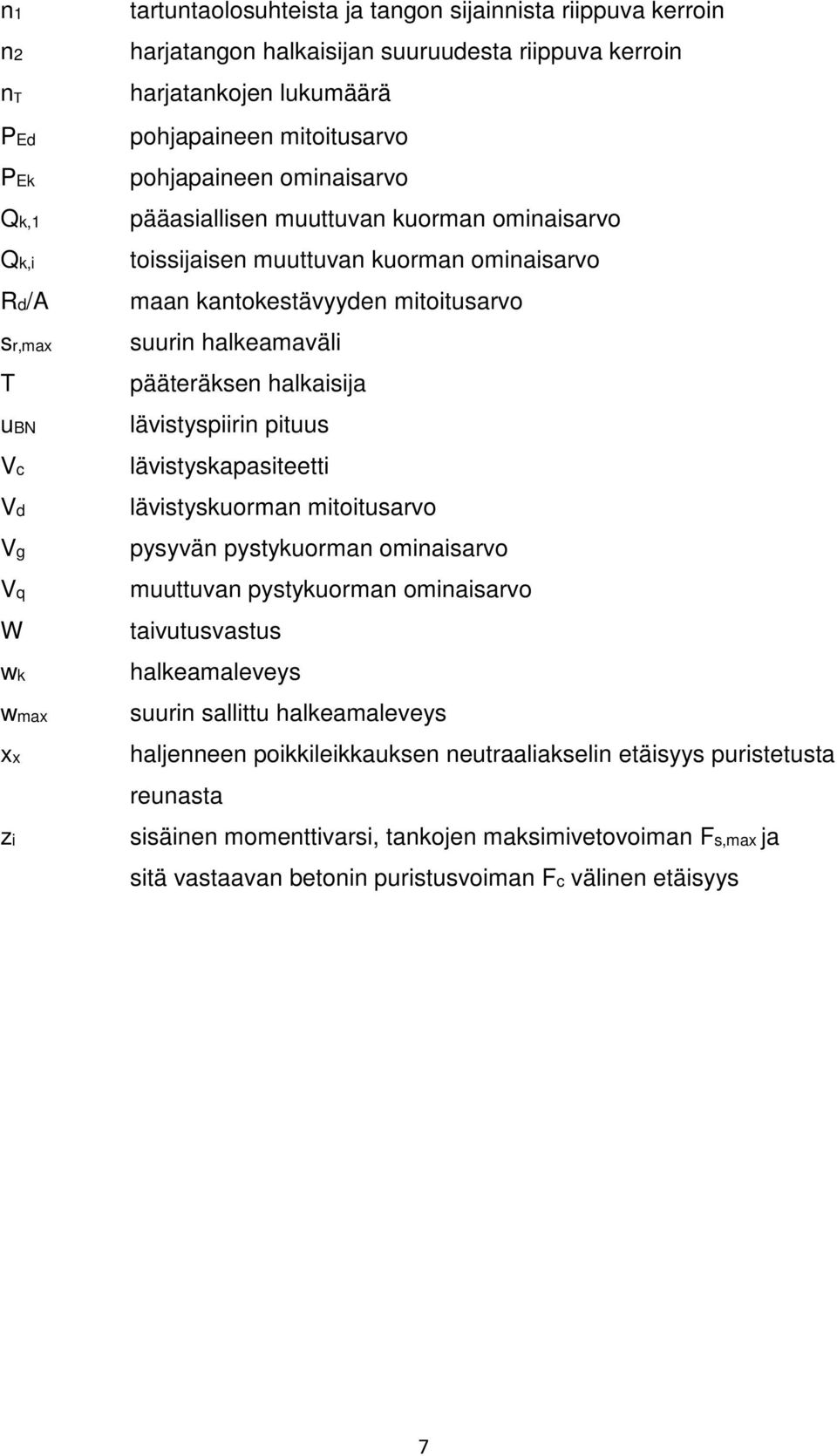 halkeamaväli pääteräksen halkaisija lävistyspiirin pituus lävistyskapasiteetti lävistyskuorman mitoitusarvo pysyvän pystykuorman ominaisarvo muuttuvan pystykuorman ominaisarvo taivutusvastus