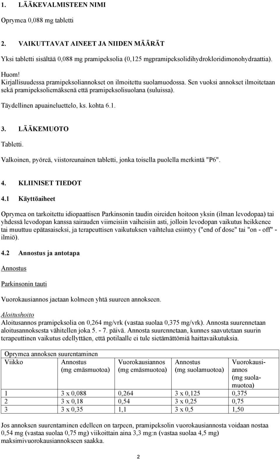 kohta 6.1. 3. LÄÄKEMUOTO Tabletti. Valkoinen, pyöreä, viistoreunainen tabletti, jonka toisella puolella merkintä "P6". 4. KLIINISET TIEDOT 4.