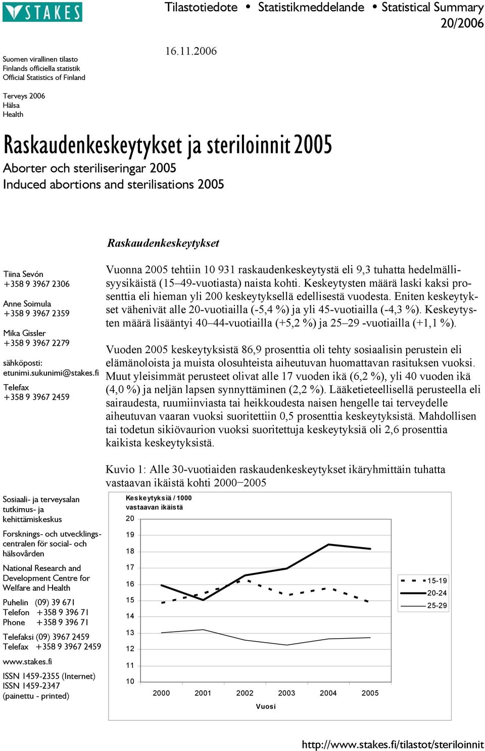 3967 2359 Mika Gissler +358 9 3967 2279 sähköposti: etunimi.sukunimi@stakes.