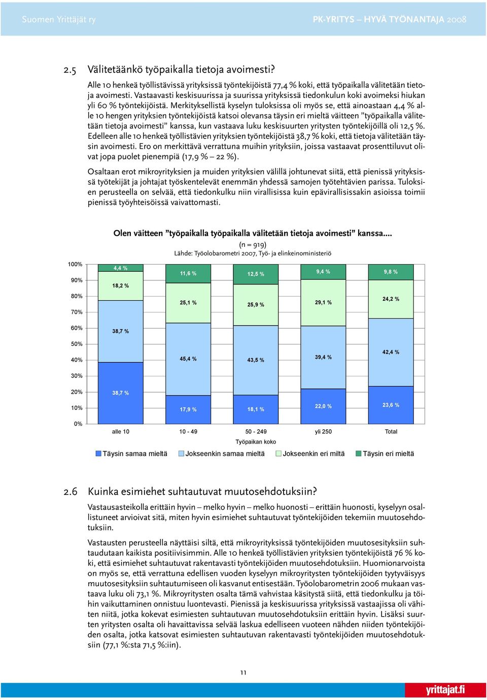 Vastaavasti keskisuurissa ja suurissa yrityksissä tiedonkulun koki avoimeksi hiukan yli 60 % työntekijöistä.