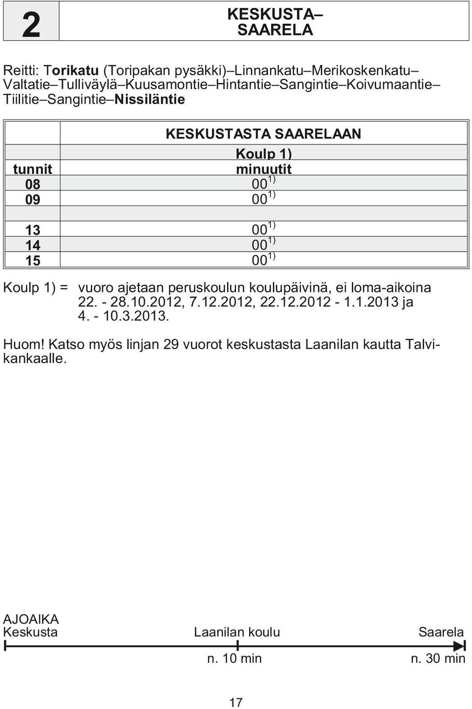 Koulp 1) = vuoro ajetaan peruskoulun koulupäivinä, ei loma-aikoina 22. - 28.10.2012, 7.12.2012, 22.12.2012-1.1.2013 ja 4. - 10.3.2013. Huom!