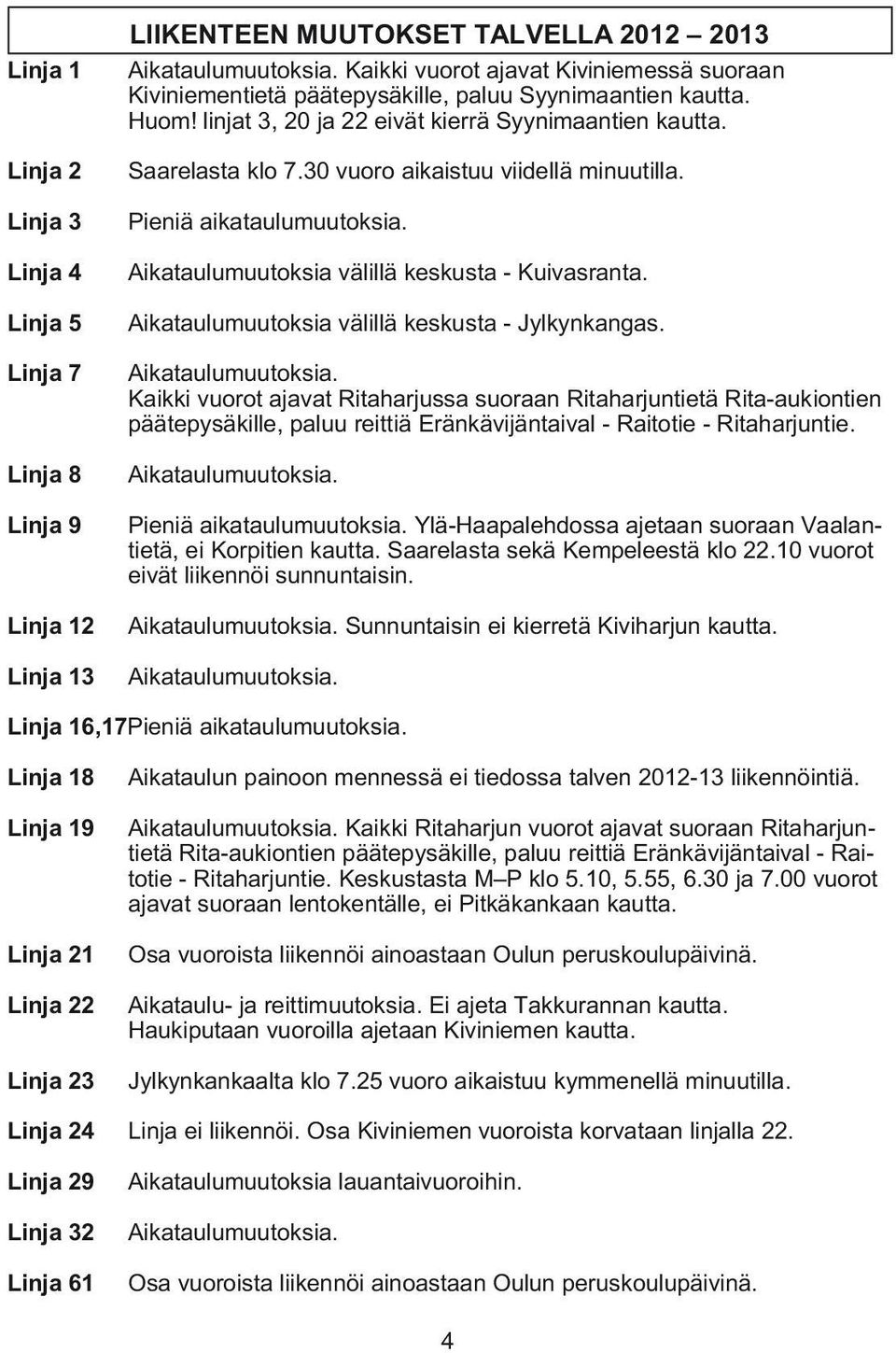 30 vuoro aikaistuu viidellä minuutilla. Pieniä aikataulumuutoksia. Aikataulumuutoksia 