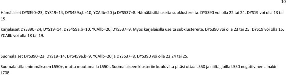 DYS390 voi olla 23 tai 25. DYS19 voi olla 15. YCAllb voi olla 18 tai 19. 10 Suomalaiset DYS390=23, DYS19=14, DYS459a,b=9, YCAllb=20 ja DYS537=8.