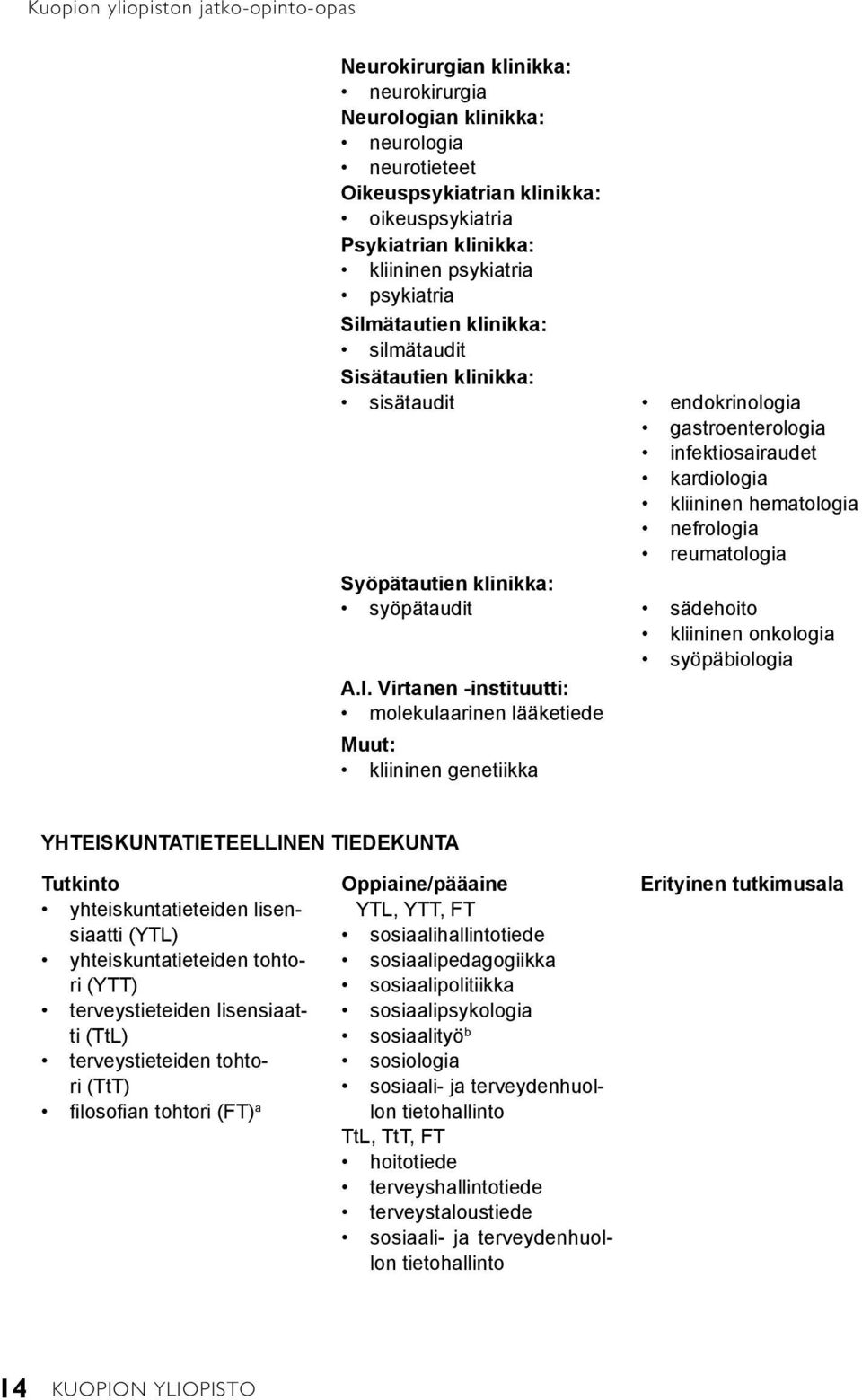 Virtanen -instituutti: molekulaarinen lääketiede Muut: kliininen genetiikka gastroenterologia infektiosairaudet kardiologia kliininen hematologia nefrologia reumatologia kliininen onkologia