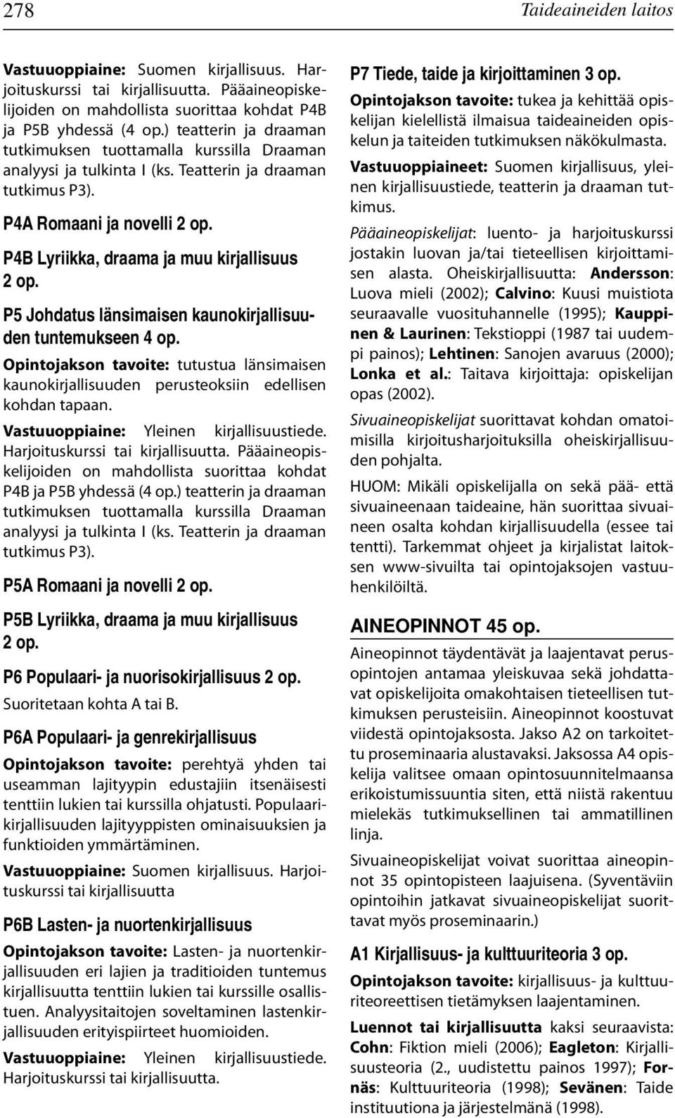 P4B Lyriikka, draama ja muu kirjallisuus 2 op. P5 Johdatus länsimaisen kaunokirjallisuuden tuntemukseen 4 op.