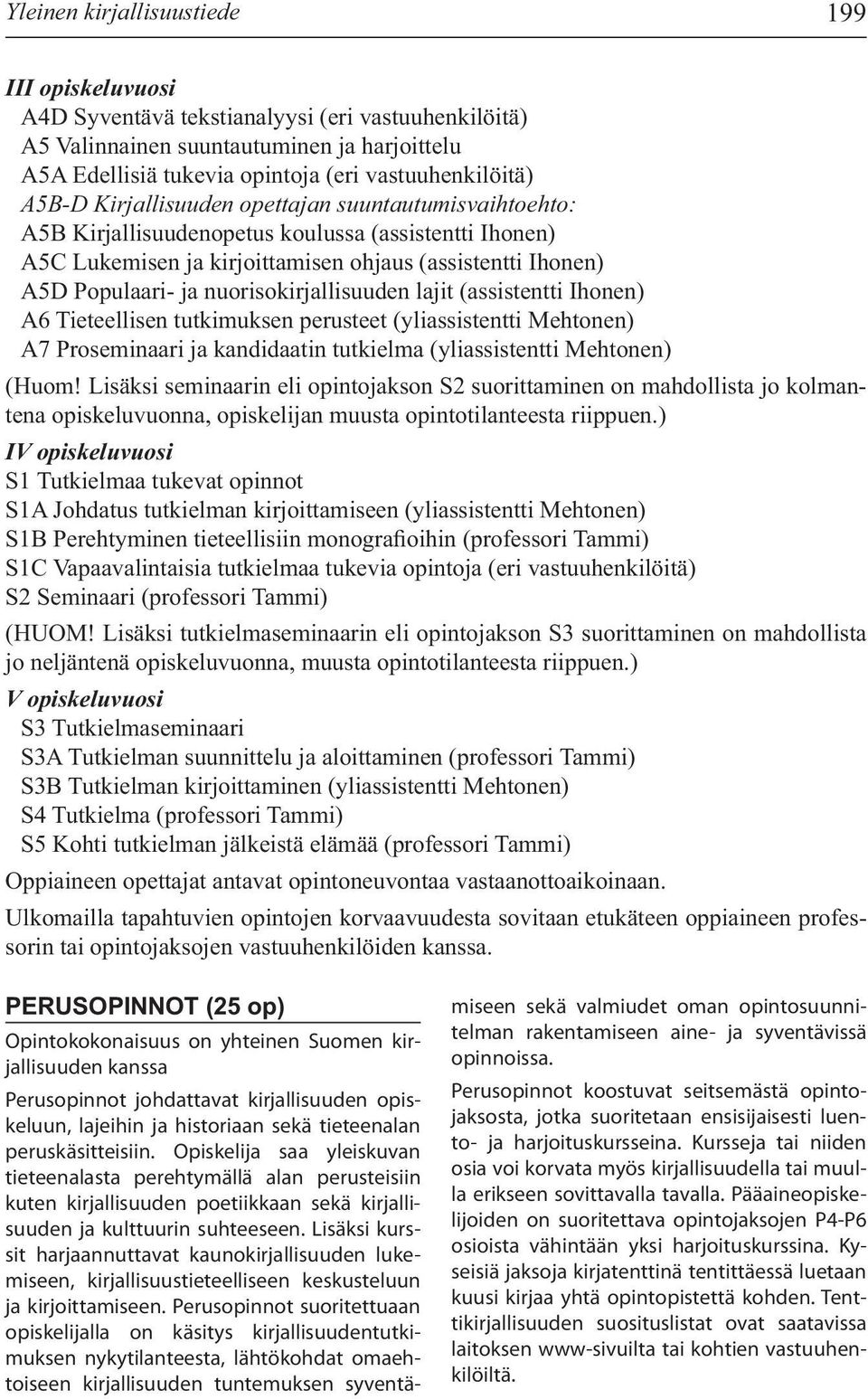 nuorisokirjallisuuden lajit (assistentti Ihonen) A6 Tieteellisen tutkimuksen perusteet (yliassistentti Mehtonen) A7 Proseminaari ja kandidaatin tutkielma (yliassistentti Mehtonen) (Huom!