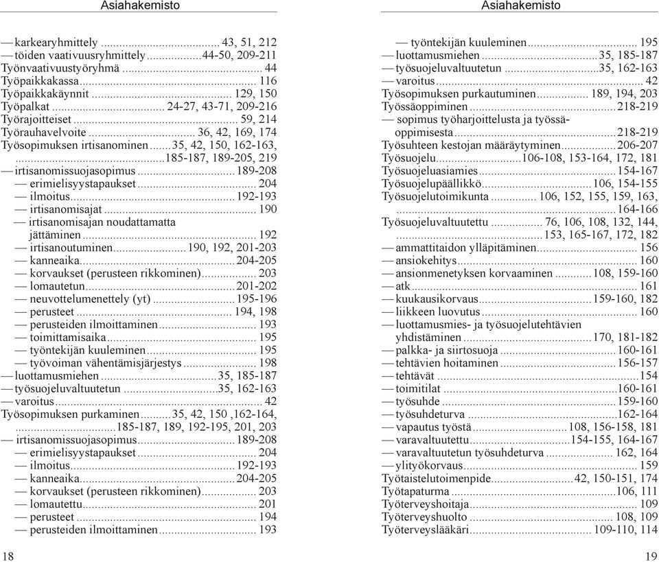 ..189-208 erimielisyystapaukset... 204 ilmoitus...192-193 irtisanomisajat... 190 irtisanomisajan noudattamatta jättäminen... 192 irtisanoutuminen...190, 192, 201-203 kanneaika.