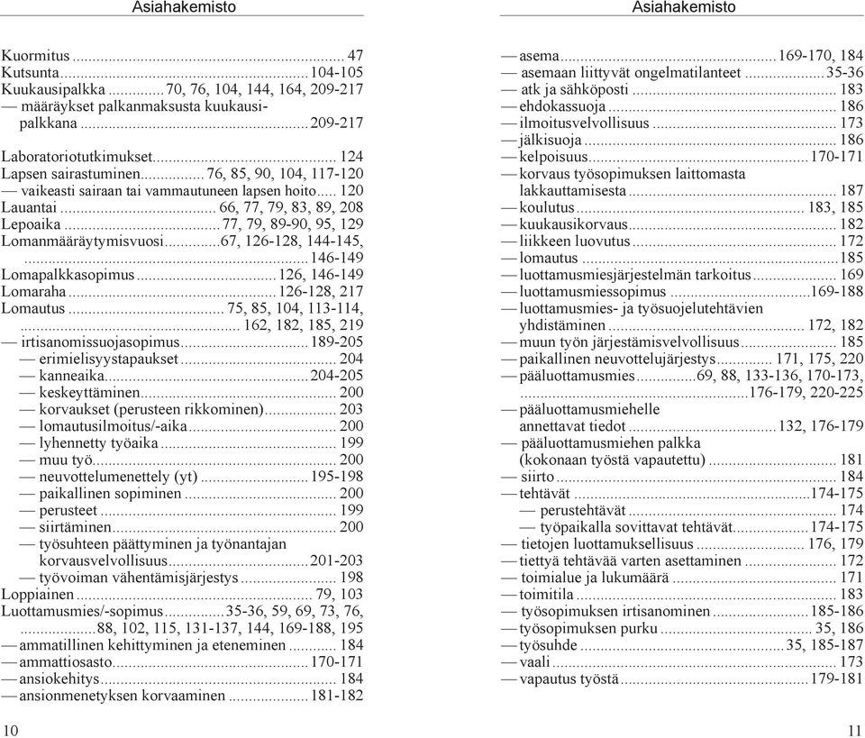 ..77, 79, 89-90, 95, 129 Lomanmääräytymisvuosi...67, 126-128, 144-145,...146-149 Lomapalkkasopimus...126, 146-149 Lomaraha...126-128, 217 Lomautus... 75, 85, 104, 113-114,.
