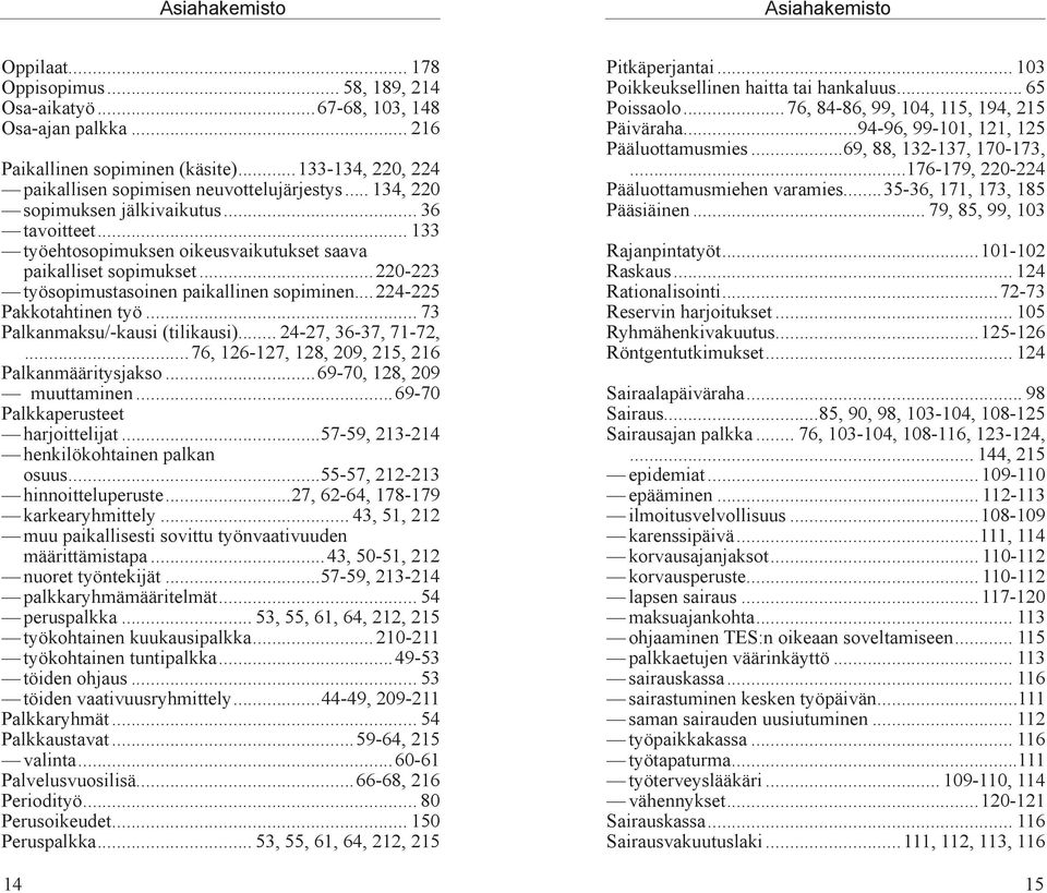 ..220-223 työsopimustasoinen paikallinen sopiminen...224-225 Pakkotahtinen työ... 73 Palkanmaksu/-kausi (tilikausi)... 24-27, 36-37, 71-72,...76, 126-127, 128, 209, 215, 216 Palkanmääritysjakso.