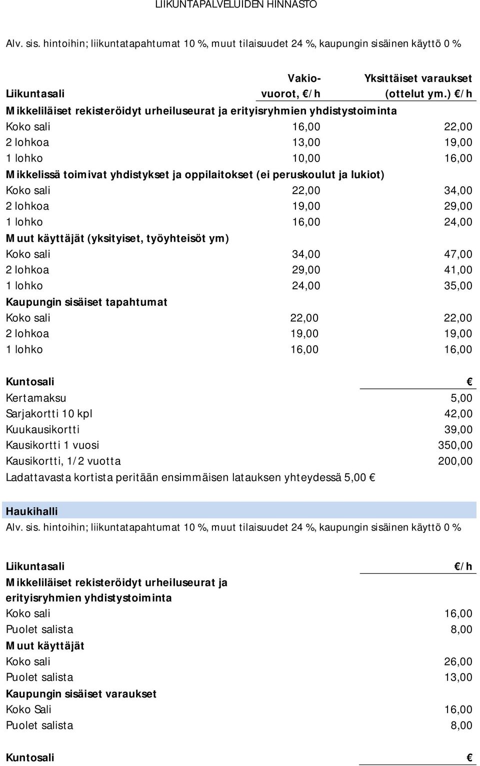 peruskoulut ja lukiot) Koko sali 22,00 34,00 2 lohkoa 19,00 29,00 1 lohko 16,00 24,00 (yksityiset, työyhteisöt ym) Koko sali 34,00 47,00 2 lohkoa 29,00 41,00 1 lohko 24,00 35,00 Kaupungin sisäiset