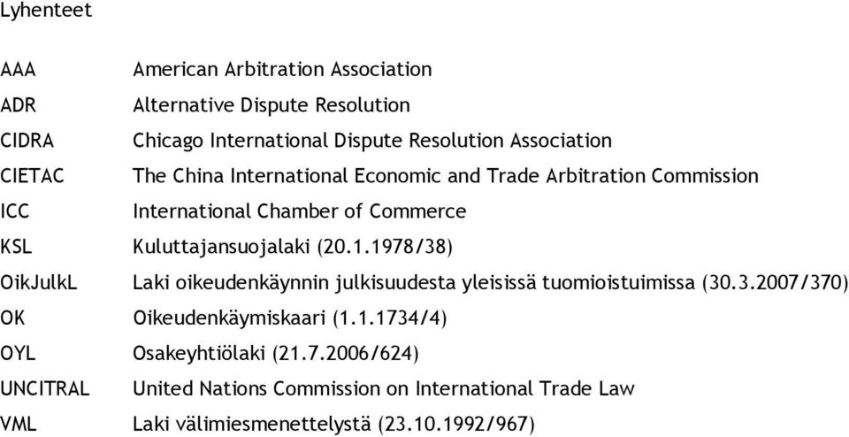 Kuluttajansuojalaki (20.1.1978/38) OikJulkL Laki oikeudenkäynnin julkisuudesta yleisissä tuomioistuimissa (30.3.2007/370) OK Oikeudenkäymiskaari (1.