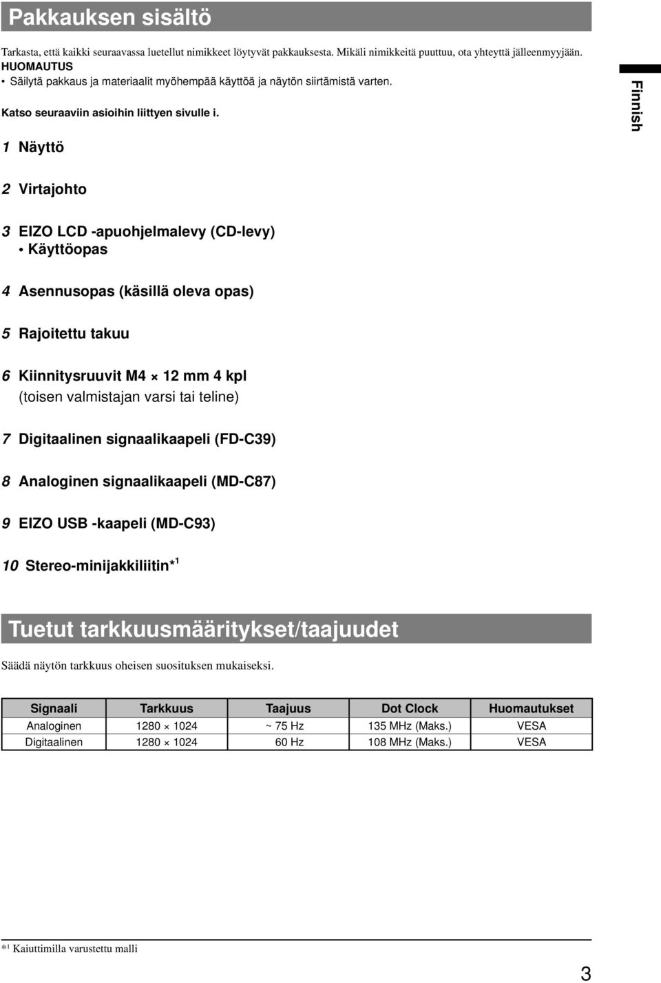 Näyttö Virtajohto 3 EIZO LCD -apuohjelmalevy (CD-levy) Käyttöopas 4 opas (käsillä oleva opas) 5 Rajoitettu takuu 6 Kiinnitysruuvit M4 mm 4 kpl (toisen valmistajan varsi tai teline) 7 Digitaalinen