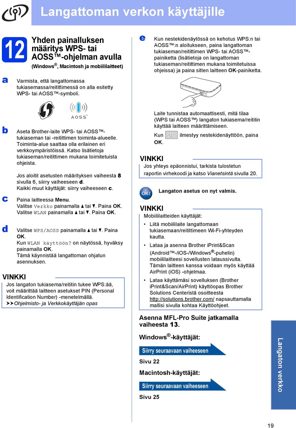 e Kun nestekidenäytössä on kehotus WPS:n ti AOSS :n loitukseen, pin lngttomn tukisemn/reitittimen WPS- ti AOSS pinikett (lisätietoj on lngttomn tukisemn/reitittimen mukn toimitetuiss ohjeiss) j pin