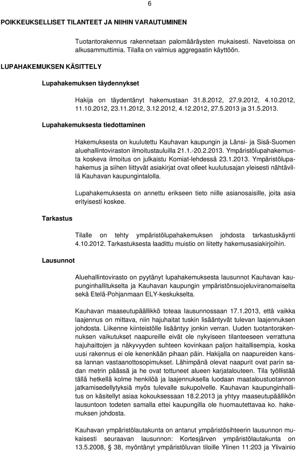 ja 31.5.2013. Lupahakemuksesta tiedottaminen Tarkastus Lausunnot Hakemuksesta on kuulutettu Kauhavan kaupungin ja Länsi- ja Sisä-Suomen aluehallintoviraston ilmoitustauluilla 21.1.-20.2.2013. Ympäristölupahakemusta koskeva ilmoitus on julkaistu Komiat-lehdessä 23.
