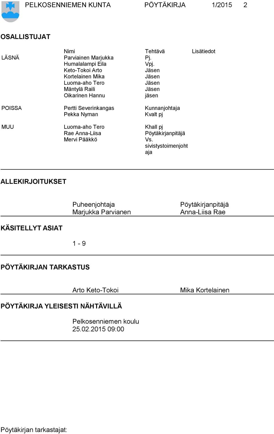 Nyman Kvalt pj MUU Luoma-aho Tero Khall pj Rae Anna-Liisa Pöytäkirjanpitäjä Mervi Pääkkö Vs.