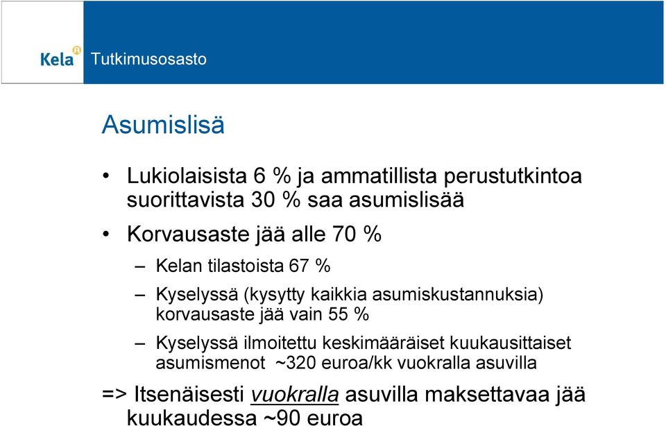 korvausaste jää vain 55 % Kyselyssä ilmoitettu keskimääräiset kuukausittaiset asumismenot ~320