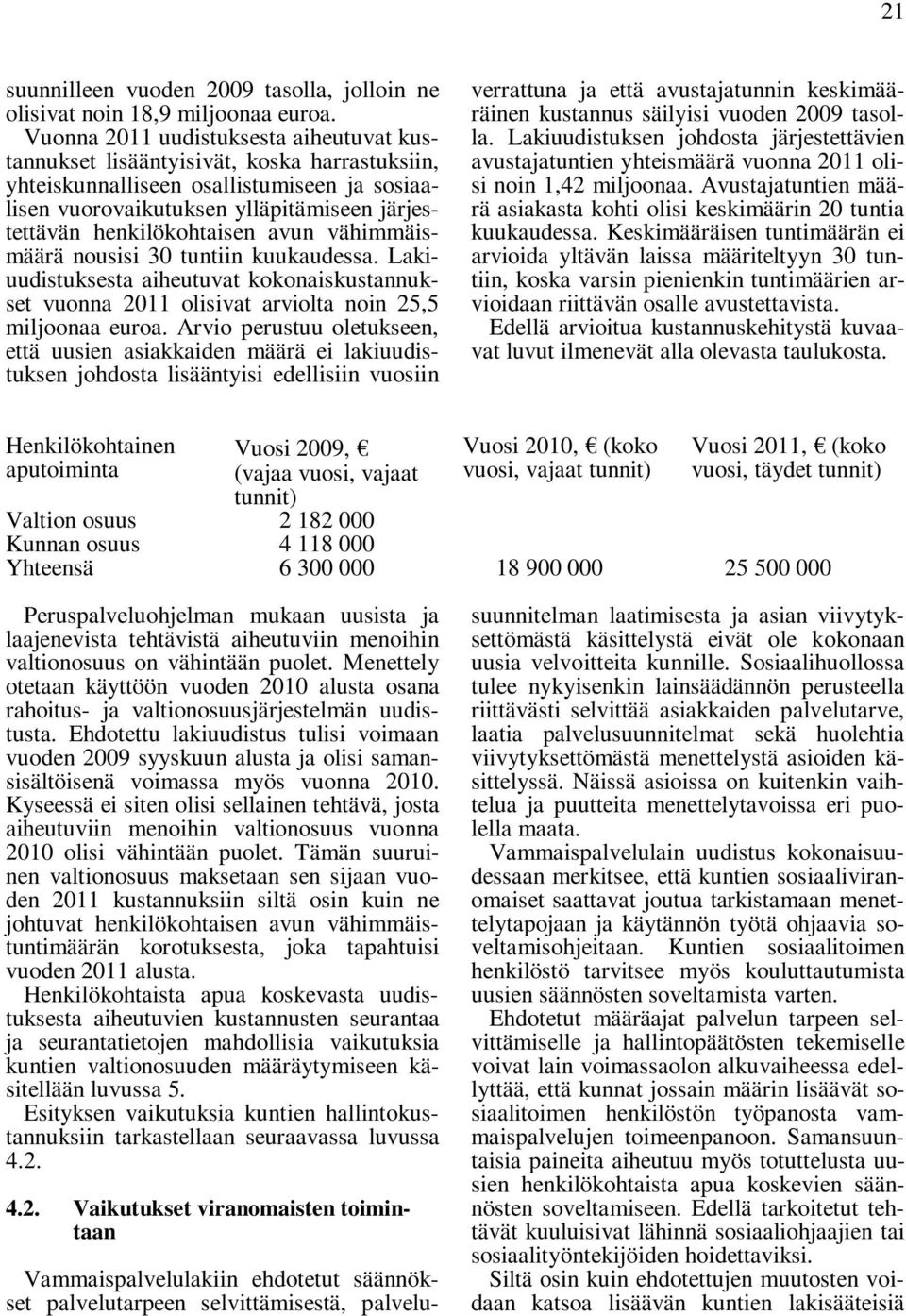 henkilökohtaisen avun vähimmäismäärä nousisi 30 tuntiin kuukaudessa. Lakiuudistuksesta aiheutuvat kokonaiskustannukset vuonna 2011 olisivat arviolta noin 25,5 miljoonaa euroa.