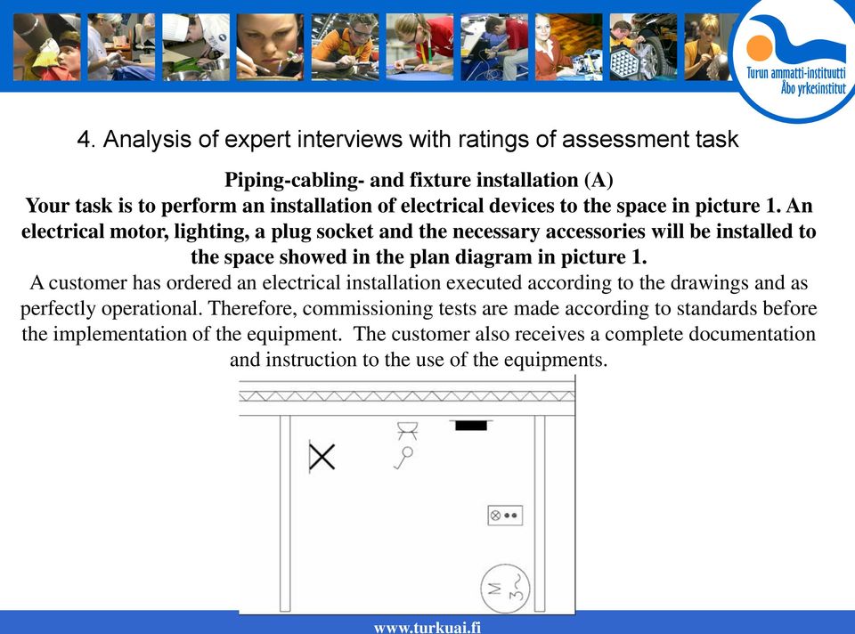 An electrical motor, lighting, a plug socket and the necessary accessories will be installed to the space showed in the plan diagram in picture 1.