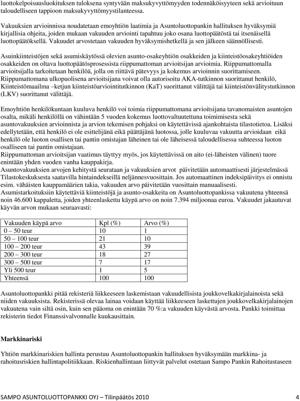 itsenäisellä luottopäätöksellä. Vakuudet arvostetaan vakuuden hyväksymishetkellä ja sen jälkeen säännöllisesti.