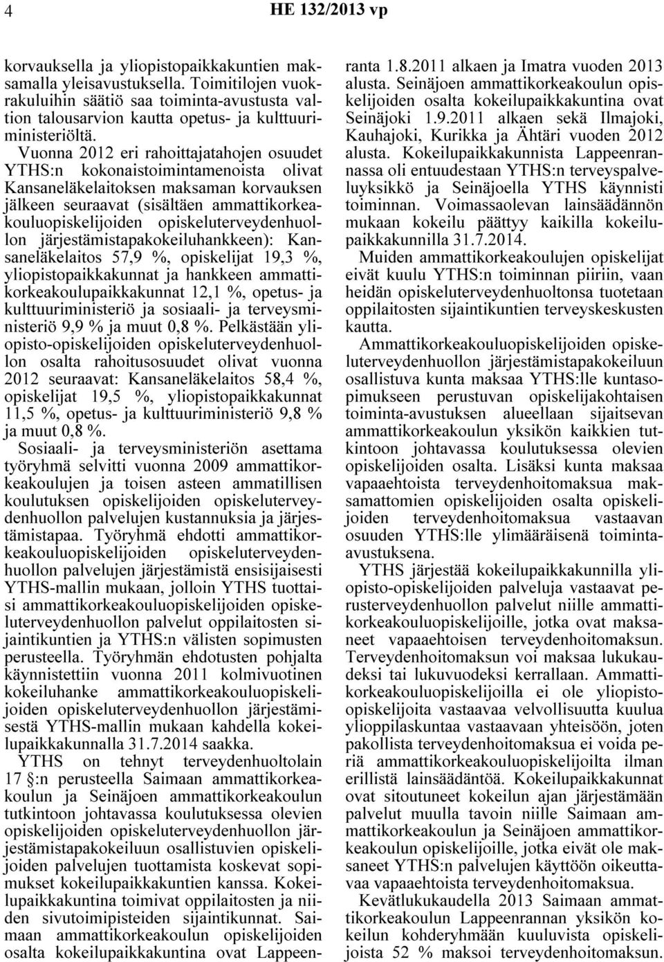 Vuonna 2012 eri rahoittajatahojen osuudet YTHS:n kokonaistoimintamenoista olivat Kansaneläkelaitoksen maksaman korvauksen jälkeen seuraavat (sisältäen ammattikorkeakouluopiskelijoiden