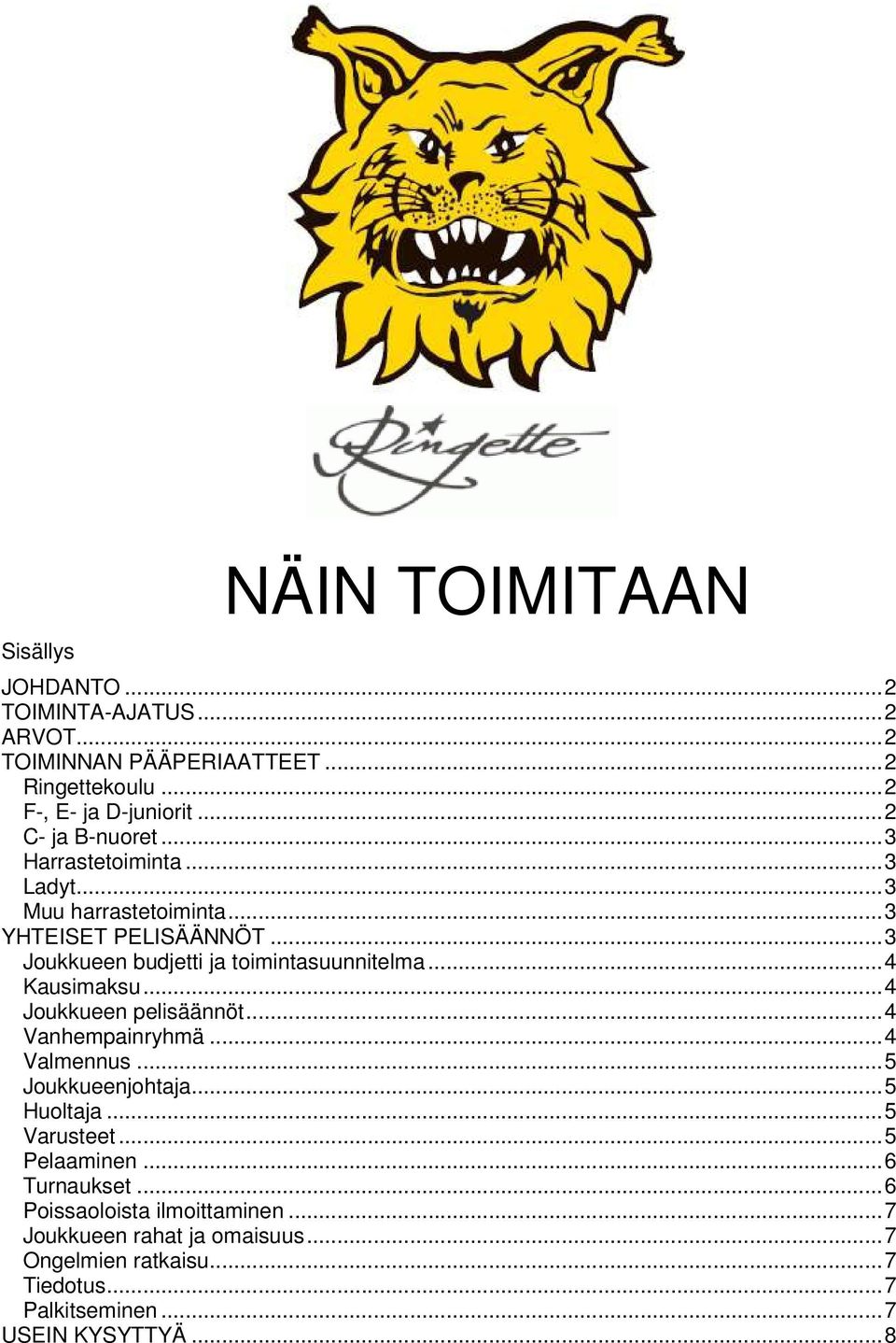 .. 4 Kausimaksu... 4 Joukkueen pelisäännöt... 4 Vanhempainryhmä... 4 Valmennus... 5 Joukkueenjohtaja... 5 Huoltaja... 5 Varusteet... 5 Pelaaminen.