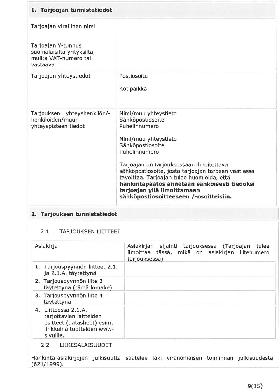 yhteyshenkilön/- Nimi/muu yhteystieto henkilöiden/muun Sähköpostiosoite yhteyspisteen tiedot Puhelinnumero Nimi/muu yhteystieto Sähköpostiosoite Puhelin numero Tarjoajan on tarjouksessaan