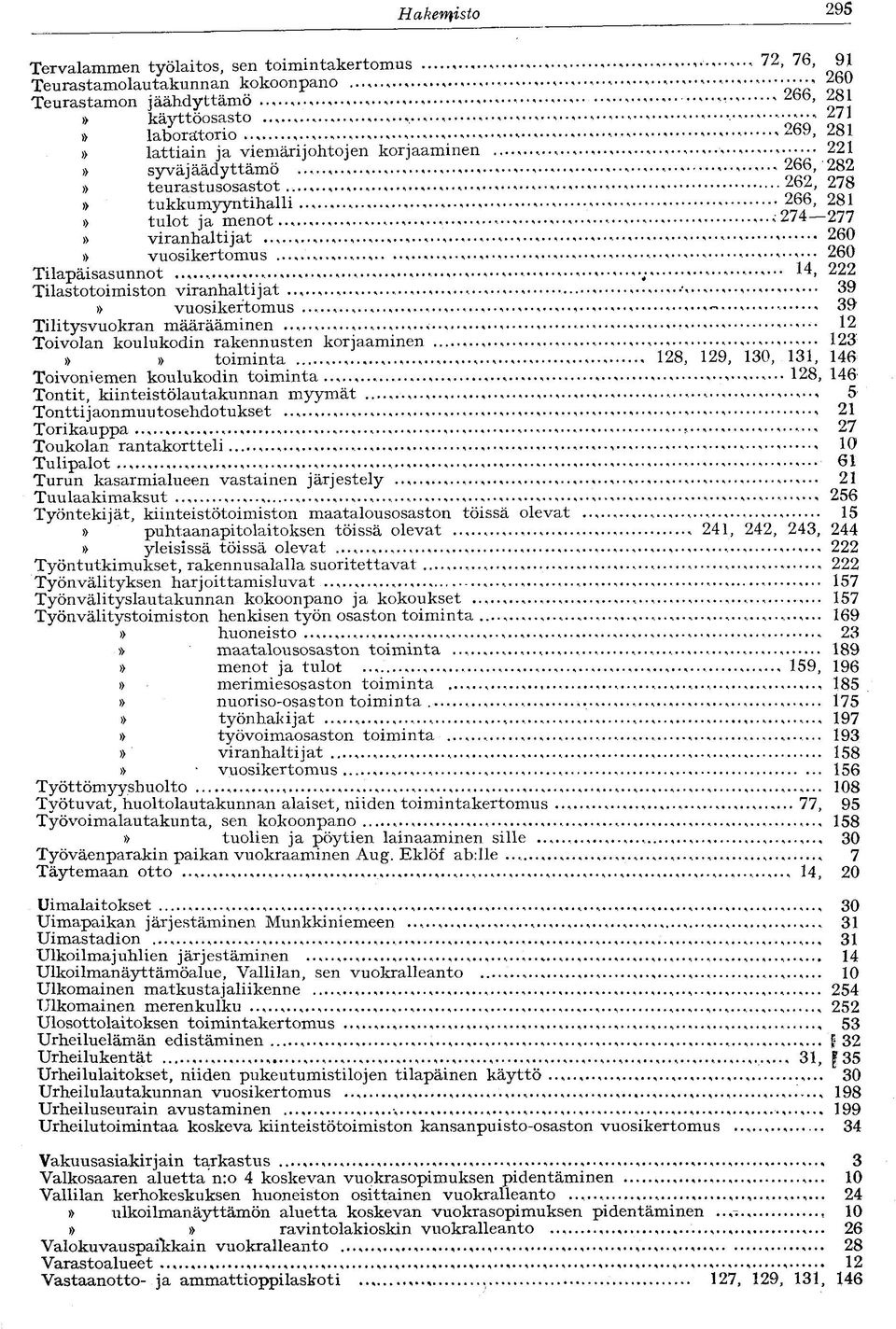 .. 274 277 viranhaltijat * 260 vuosikertomus... 260 Tilapäisasunnot.......;. 14, 222 Tilastotoimiston viranhaltijat... 39» vuosikertomus...... 39 Ti litysvuokran määrääminen.